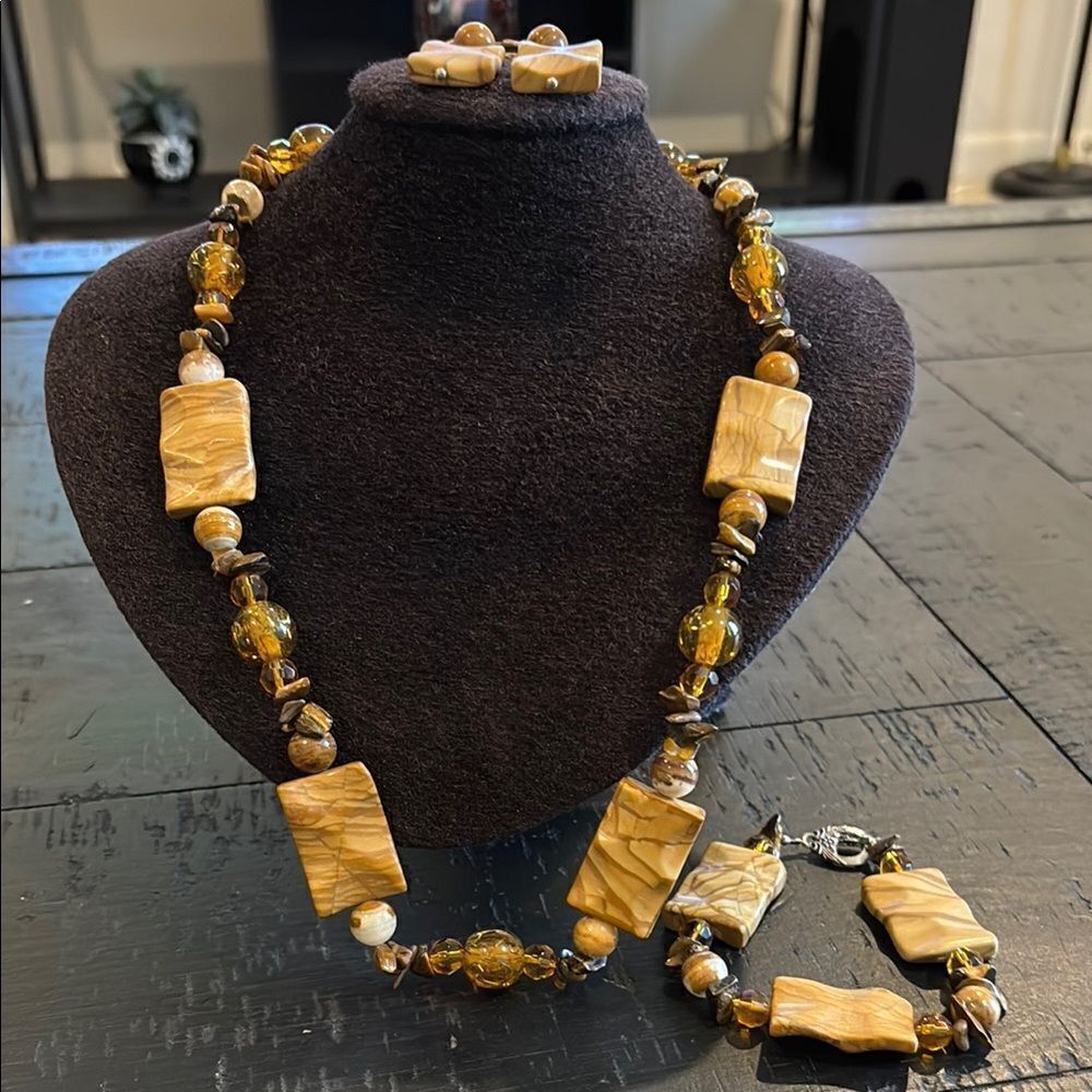 Handcrafted Tigers Eye Gemstone Brown Jewelry Set Necklace Earrings Bracelet​​​